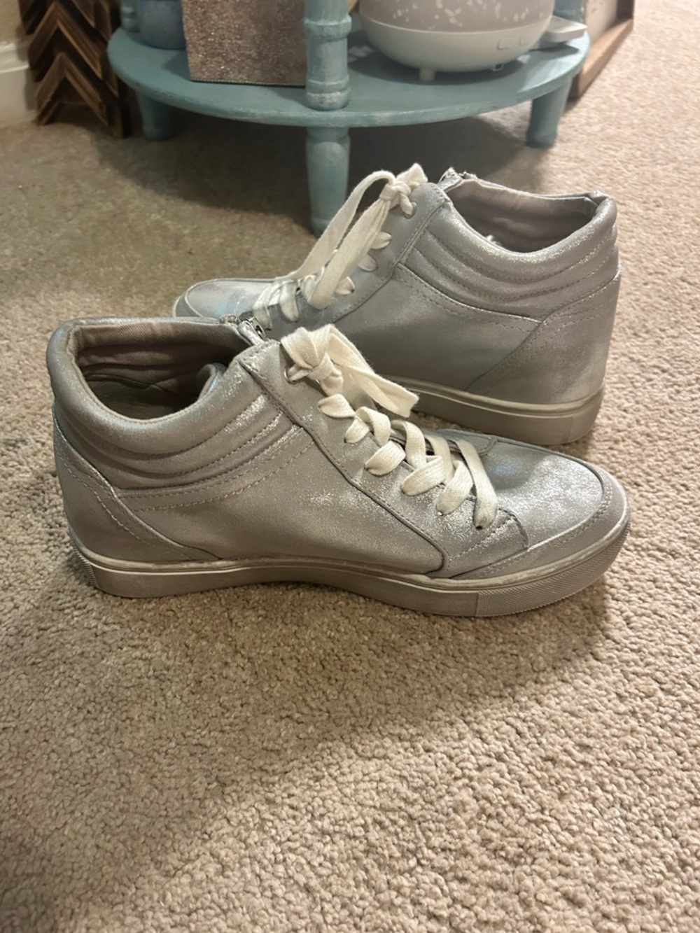 Nine West Women's Tons High Top Hidden Wedge Sneakers Metallic Silver 9.5